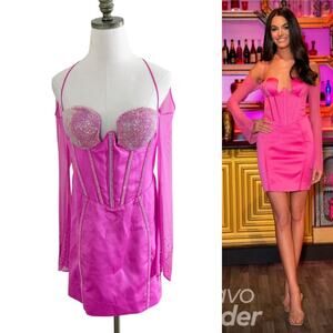 Miss Circle Pink Sheer Sleeve Corset Mini Dress w Rhinestones Women's Sz Medium